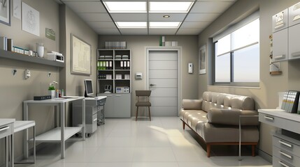 Interior of medical office with couch and shelf units. copy space for text.
