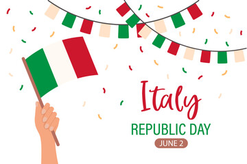 Italy republic day greeting card, banner with template text. Hand with Italy flag. Illustration, vector