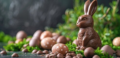 Fototapeta premium Chocolate bunny surrounded by eggs