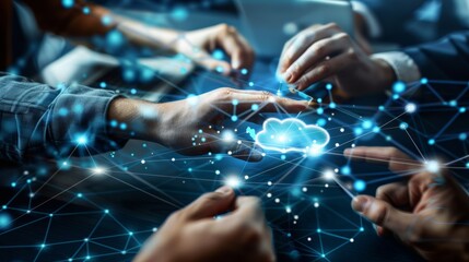 "Business team collaborating on cloud computing technology, utilizing a digital interface with network connections and data."