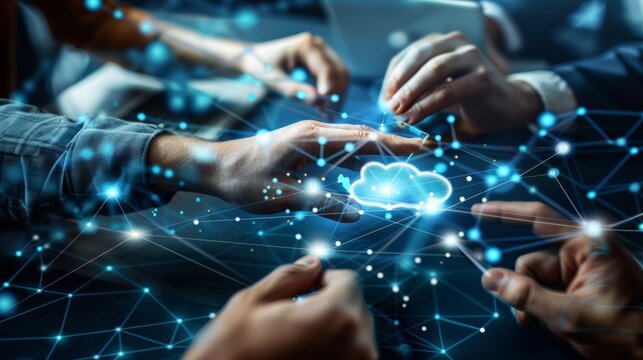 "Business team collaborating on cloud computing technology, utilizing a digital interface with network connections and data."