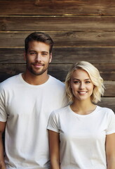 Fototapeta premium Fashion mockup white t-shirts of a beautiful young couple on brown wooden background . Design tshirt template, print presentation mock-up. The t-shirts are empty blank. Copy space