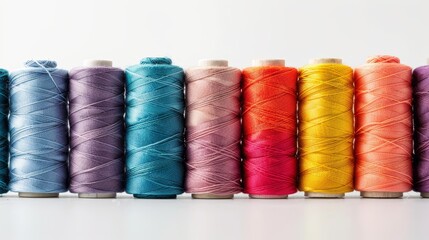 Intimate close-up of tailor threads in a rainbow of colors, neatly aligned on an isolated white background, studio lighting highlights details