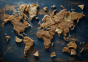 The world map in depth made from sliced bread