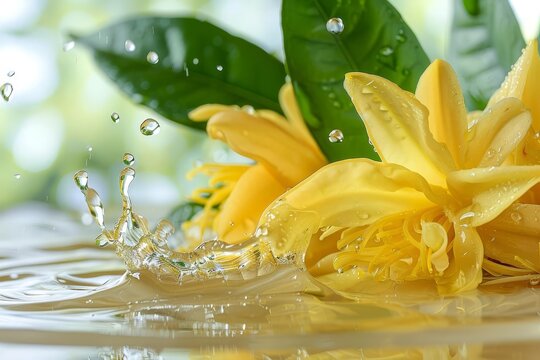 A dynamic splash of ylangylang essential oil with a vibrant yellow hue and droplets