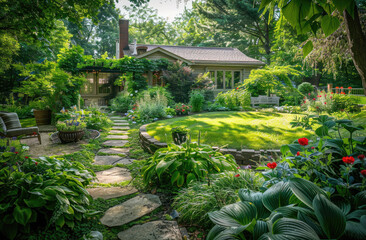 Beautiful home garden with plants and flowers, pathway leading to the house in front of which there...