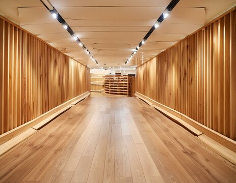empty room with wooden floor an empty wooden interior at Marks and Spencer Food store, focusing on the textures and patterns of the wood,