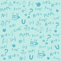 Higher education and studying online concept. Physics. Icons and formulas set.  School test or lab. Hand drawn doodle symbols. Spectrum, Magnetism, Mechanics. Science background. Vector