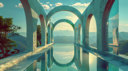 Cinematic environment featuring surreal mirror arches in geometric shapes set in a stunning outdoor landscape
