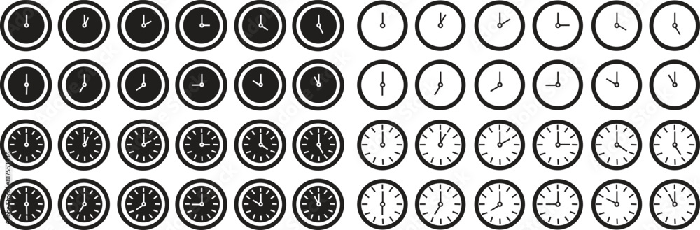 Poster time and clock icons vectors set. business watch. speed time icons collection designs. analog clock 