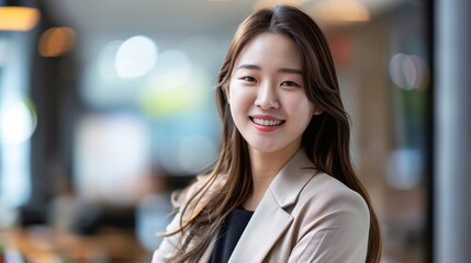 an elegant Korean young businesswoman smiling and looking at the camera in a modern office. generative AI