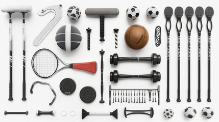 Picture of sports equipments isolated on white background 