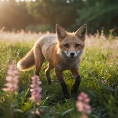 Fototapeta premium a fox is walking through a field of flowers