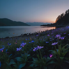 a lake with purple flowers and mountains in the background