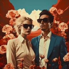 Vintage Fashion Couple in Poppy Field with Desert Mountain Background