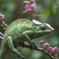 Fototapeta premium a chameleon is sitting on a branch with pink flowers