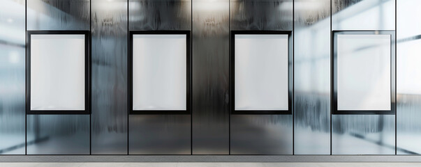 High-end electronics shop with four blank posters in sleek black frames, highlighted against a metallic silver wall, perfect for gadget releases or tech demonstrations.