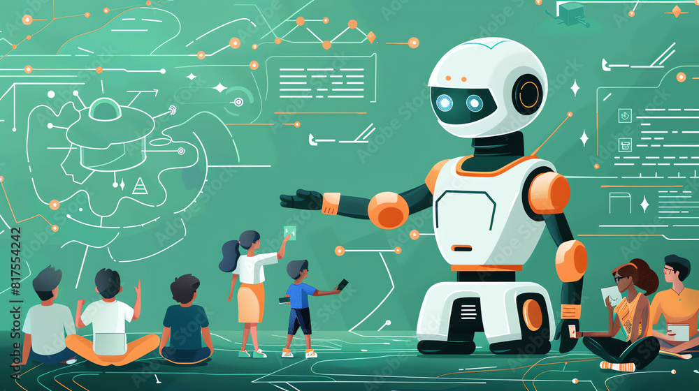 Aufkleber robot teaching a group of children about technology in a classroom setting during daylight