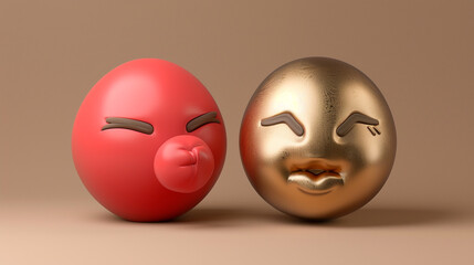 Fototapeta premium A photorealistic 3D of a pastel red kissing emoji next to a brushed bronze pouting emoji, both on a solid tan background, exploring playful emotions.