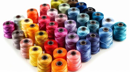 Detailed top view of an array of tailor threads, highlighting the spectrum of colors used in sewing, on an isolated white background