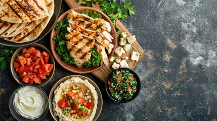 The table is filled with a variety of foods, from staple ingredients to leaf vegetables. Dishes from various cuisines are served on plates alongside fresh produce and tableware AIG50