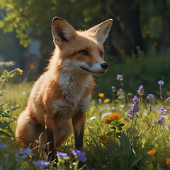 a fox that is sitting in the grass with flowers