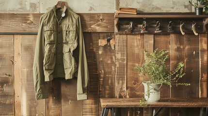 A trendy pair of cargo pants in an earthy olive green hue, hanging on a rustic wooden coat rack in a mudroom entryway, blending practicality with urban-inspired style for outdoor adventures.