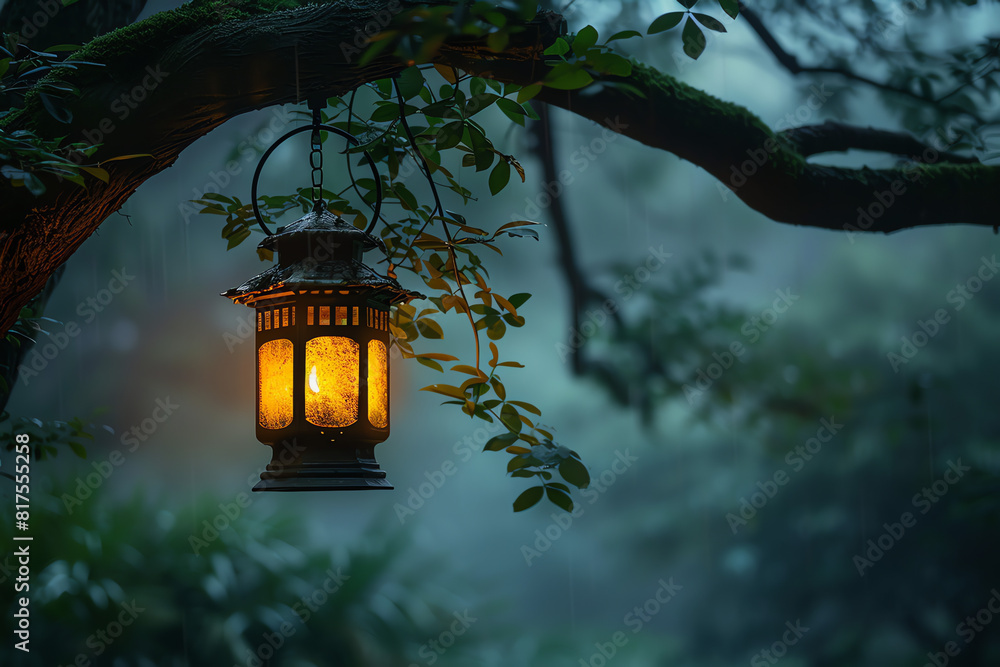 Poster old lantern hanging from a tree branch in a misty forest at dusk