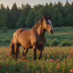a horse standing in a field of flowers in the sun