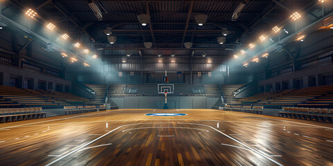 A basketball court in a stadium with a scoreboard.  Empty basketball court with shiny floor. A...
