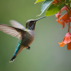 Obraz premium a hummingbird that is flying around the flowers