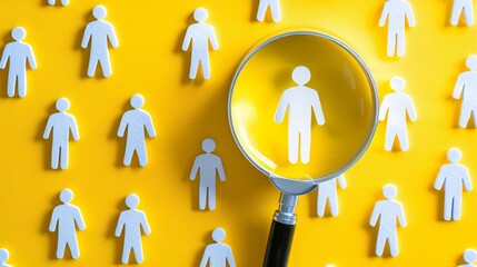 A magnifying glass is held over a yellow background with many white paper people.

