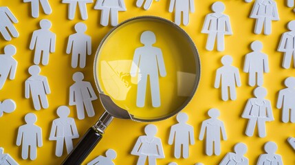 A magnifying glass is held over a yellow background with many white paper people.

