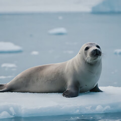 a seal on ice floer with iceberg in background