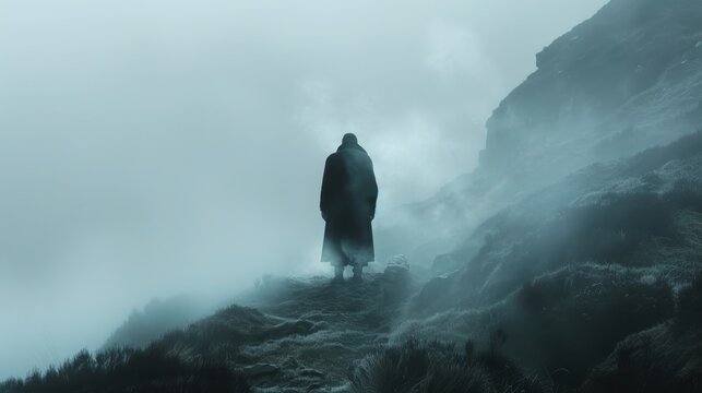 Creepy silhouette of a man in a black coat standing on a misty hillside, invoking a sense of horror and suspense