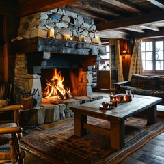 A cozy ski lodge with roaring fireplace and mugs of hot cocoa, cozy log cabin, AI generated