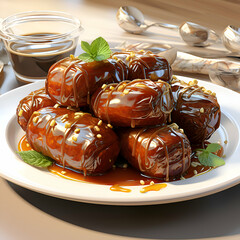 Baked apples with caramel sauce on a plate. 3d rendering