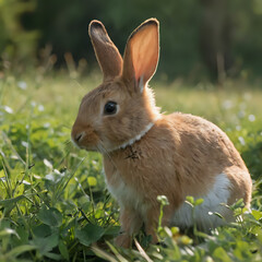 Fototapeta premium a small rabbit sitting in the grass with its ears up