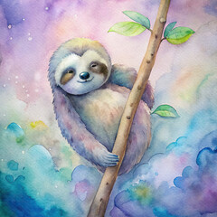 Naklejka premium A sleepy sloth hanging from a tree branch, captured in soothing watercolor tones 