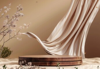 A 3D display podium features a wooden frame pedestal with a brown background and a flowing silk curtain, ideal for presenting beauty and cosmetic products in a luxurious, natural setting.