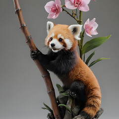 Obraz premium a red panda sitting on a branch with flowers