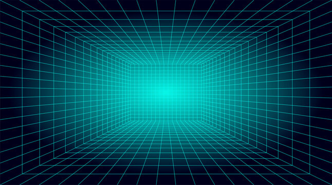 Abstract vibrant neon blue color corridor stretching into the distance. 3D perspective laser grid, converging toward a central point. Cyberspace background with blue mesh. Futuristic digital hallway