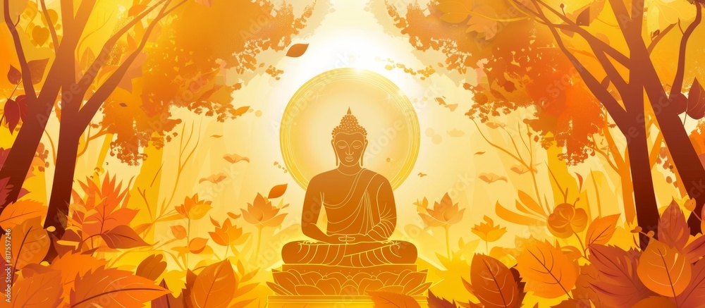 Wall mural vector illustration of buddha meditating under the glowing sun surrounded by trees - Wall murals