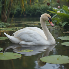 Fototapeta premium a white swan swimming in a pond with lily pads