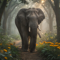 a elephant walking down a path in the woods