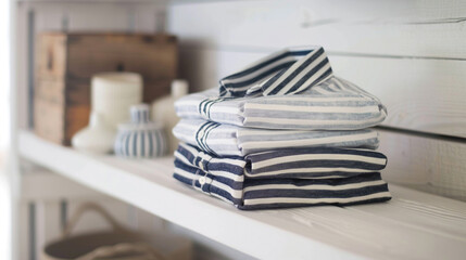 Classic striped button-down shirt, neatly folded and stacked on a crisp white shelf, offering timeless style and versatility for both casual and formal occasions.