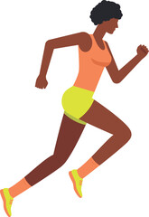 Athletic running dark skinned woman. Illustration of a dark skinned woman running in an orange tank top and green shorts. Running athlete flat design illustration