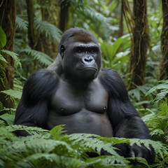 a sitting in the middle of a forest with ferns