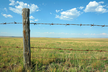 Fototapeta premium A wooden fence post with barbed wire stretches across a vast field under a bright blue sky during daytime