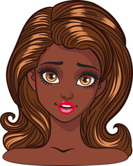 Young cartoon dark skinned woman with big brown eyes and dark brown hair. Expressive girl, female avatar.